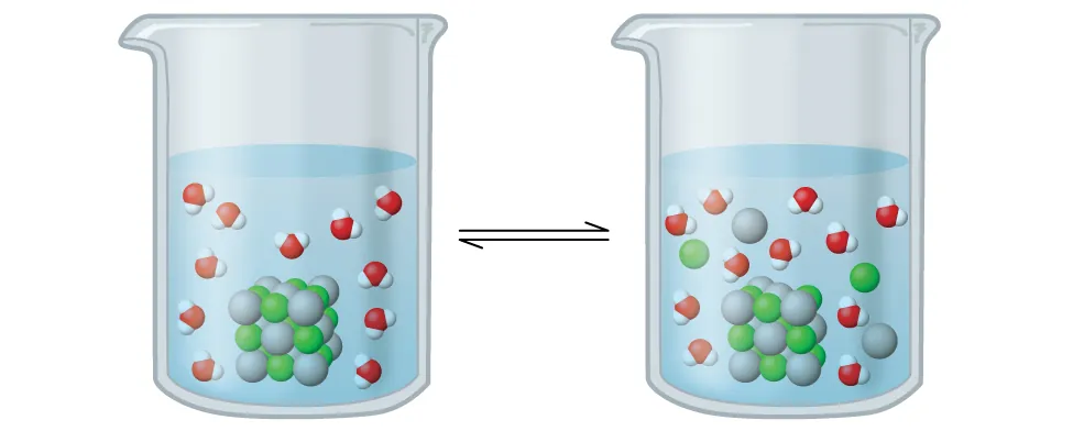 Se muestran dos vasos de precipitados con una flecha bidireccional entre ellos. Ambos vasos están llenos hasta la mitad con un líquido transparente e incoloro. El vaso de la izquierda muestra una estructura cúbica compuesta por esferas verdes y esferas grises un poco más grandes que se alternan. Distribuidos uniformemente en la región exterior, se muestran 11 modelos de espacio lleno. Cada una de ellos está compuesta por una esfera roja central con dos esferas blancas más pequeñas unidas en una disposición doblada. En el vaso de la derecha, las esferas verde y gris ya no están conectadas en una estructura cúbica. Nueve esferas verdes, 10 esferas grises y 11 moléculas rojas y blancas se mezclan y distribuyen uniformemente por el líquido del vaso.