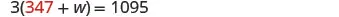 A mathematical equation is displayed on a white background, which reads '3(347 + w) = 1095'. The numbers '347' are highlighted in red.