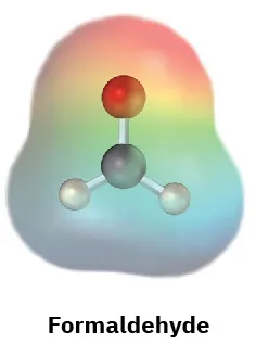 The electrostatic potential map of formaldehyde. The gray, white, and red spheres at the center represent carbon, hydrogen, and oxygen atoms, respectively.