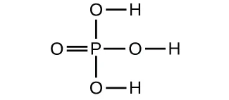 Figure D shows a structural diagram of a phosphorus atom that forms a double bond with one oxygen atom and a single bond with three oxygen atoms each. Three of the oxygen atoms each have a single bond to a hydrogen atom.