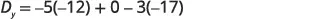A mathematical equation is displayed on a white background. It reads: Dy = -5(-12) + 0 - 3(-17).