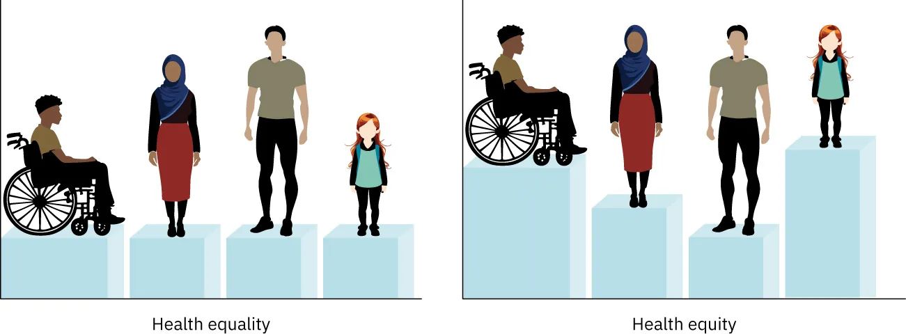 This figure shows two images. On the left, a person using a wheel chair, a woman, a man, and a child are all situated on pillars of equal levels. On the right, the same group of four are situated on pillars of varying heights so that every individual reaches the exact same overall height.