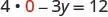 An algebraic equation is shown: '4 * 0 - 3y = 12', with the number 0 highlighted in red, indicating a step in solving for 'y' when 'x' is 0.