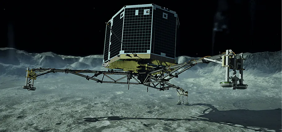 Artystyczna wizja lądowania lądownika Philae – lądownik zbliża się do powierzchni komety.