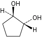In a cyclopentane ring, C1 is dash bonded to hydrogen and wedge bonded to the hydroxyl group. C2 is dash bonded to the hydroxyl group and wedge bonded to hydrogen.