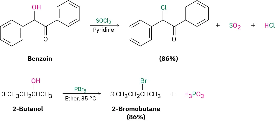 Benzoin reacts with thionyl chloride and pyridine, forming alkyl chloride (86%), S O 2, and H Cl. 2-butanol reacts with P Br 3 and ether at 35 degrees Celcius to form 2-bromobutane (86%) and H 3 P O 3.