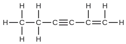 Se muestra una estructura de Lewis. Un átomo de carbono unido con enlace simple a tres átomos de hidrógeno se une a un segundo átomo de carbono. El segundo átomo de carbono está unido con enlace simple a dos átomos de hidrógeno. El segundo átomo de carbono tiene un enlace simple con un tercer átomo de carbono unido con triple enlace a un cuarto átomo de carbono unido con enlace simple a un quinto átomo de carbono. El quinto átomo de carbono tiene un enlace simple con un átomo de hidrógeno y un doble enlace con un sexto átomo de carbono que tiene un enlace simple con dos átomos de hidrógeno.