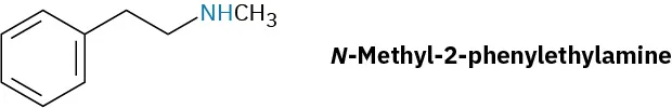 The structure of N-methyl-2-phenylethylamine. It is a benzene ring with the substituent C H 2 C H 2 N H C H 3.
