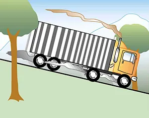 A truck with smoking brakes barrels down a steep incline.