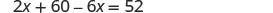 A mathematical equation is displayed on a white background, which reads '2x + 60 - 6x = 52'.