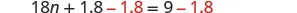 A mathematical equation is displayed against a white background: '18n + 1.8 - 1.8 = 9 - 1.8'. The numbers '- 1.8' are highlighted in red on both sides of the equation.