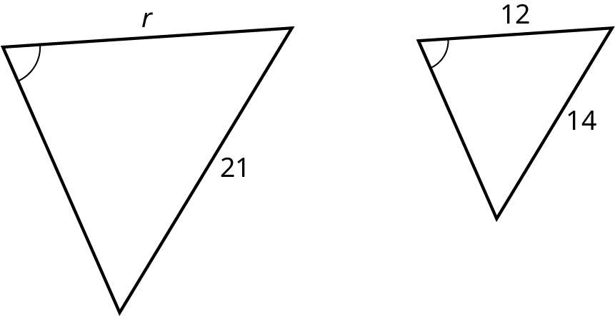 Two triangles. In the first triangle, the top and right sides measure r and 21. In the second triangle, the top and right sides measure 12 and 4. The top-left angles in both triangles are congruent.
