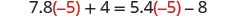 A mathematical equation is displayed: 7.8 multiplied by -5, plus 4, equals 5.4 multiplied by -5, minus 8. The numbers -5 are highlighted in red.