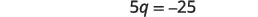 A mathematical equation is displayed on a white background, showing '5q = -25' in black text.