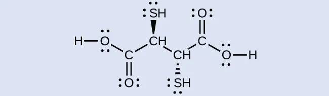Se muestra una estructura que tiene un átomo de H en el extremo izquierdo que tiene un enlace simple a un átomo de O a su derecha. Este átomo está enlazado a un átomo de C justo debajo y a la derecha. Este átomo de C tiene un átomo de O de doble enlace por debajo y está enlazado al átomo de C de un grupo C H. Por encima de este átomo de C, una cuña sólida se extiende hacia arriba hasta el átomo de S de un grupo S H. Un enlace se extiende desde este último átomo de C a otro átomo de C de un segundo grupo de C H por debajo y a la derecha. Una cuña discontinua se extiende desde este átomo de C hasta el S de un grupo S H que se encuentra debajo. Un enlace simple se extiende hacia arriba y a la derecha del átomo de C hasta otro átomo de C. Este último átomo de C tiene un átomo de O de doble enlace por encima. Un enlace simple se extiende a un segundo átomo de O por debajo y a la derecha. A la derecha de este átomo de O, un átomo de H está conectado con un enlace simple. Todos los átomos de S y O de la estructura se muestran con dos pares de puntos de electrones no compartidos.