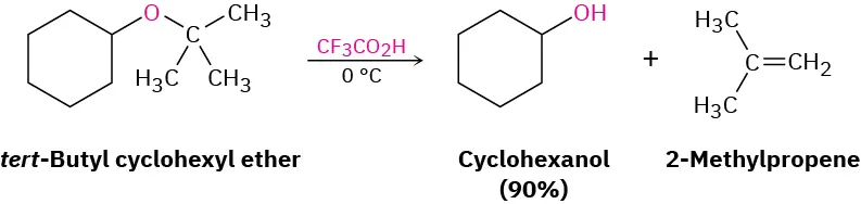 Tert-butyl cyclohexyl ether reacts with trifluoroacetic acid at zero degrees Celcius forming cyclohexanol (90 percent yield) and 2-methylpropene.