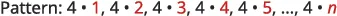 Number pattern showing the result of multiplying four by consecutive whole numbers: 1, 2, 3, 4, 5, and so on to n. Demonstrates an arithmetic sequence.