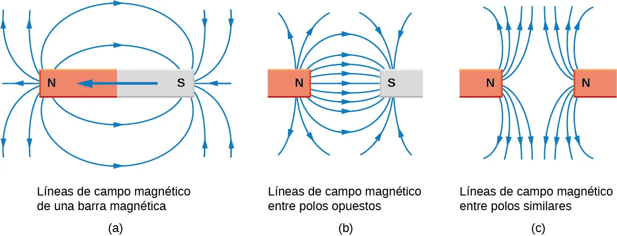 Una ilustración de las líneas de campo magnético para tres configuraciones. La figura a muestra una barra magnética con un polo norte y otro sur. Las líneas de campo salen del polo norte y se curvan hacia el polo sur. La figura b muestra los polos norte y sur separados por un espacio. Las líneas de campo vuelven a salir del polo norte, se curvan y entran en el polo sur. Las líneas son más densas en el espacio y menos densas en el exterior. La figura c muestra dos polos norte separados por un espacio. Las líneas de campo salen de ambos polos y se curvan hacia afuera. Las líneas que salen de cada polo parecen repeler las líneas que salen del otro polo.