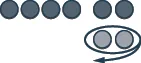 An illustration featuring a row of dark grey circles, with two lighter grey circles below, encircled by an oval with a curved arrow pointing left.