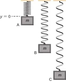 Se ilustra un sistema vertical de masa-resorte. El extremo superior del resorte está fijado al techo. En el extremo inferior se coloca un bloque de masa m. El resorte se dibuja en dos posiciones. A la izquierda, la masa está en posición de equilibrio. A la derecha se dibuja el resorte con la masa empujada hacia abajo, a una distancia y sub halón. Esta posición de la masa se etiqueta como h igual a cero. A la derecha de las ilustraciones se muestra un gráfico de y en función de X, con y igual a cero alineada con la posición de equilibrio en las ilustraciones. El gráfico es sinusoidal, con el mínimo de la y en x=0 e incluso con la posición de la masa inferior en las ilustraciones.