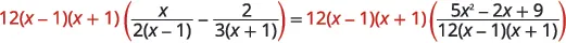 An algebraic equation illustrating the step of multiplying both sides by the common factor 12(x-1)(x+1). The left side consists of a difference of two fractions, and the right side is a single fractional term.