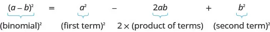 An algebraic identity showing the expansion of (a-b)^2, which equals the square of the first term, minus twice the product of terms, plus the square of the second term.