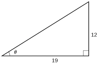Una ilustración de un triángulo rectángulo con ángulo theta. Frente al ángulo theta hay un lado con longitud 12, adyacente al ángulo theta hay un lado con longitud 19.