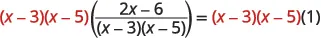 An algebraic step demonstrating the multiplication of both sides of an equation by the common denominator (x-3)(x-5) to eliminate the rational expression.