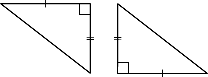 Two right triangles. The hypotenuses of both triangles are congruent. The horizontal leg of the first triangle and the vertical leg of the second triangle are congruent.