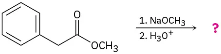 Benzene with C H 2 C O O C H 3 reacts with sodium methoxide, then hydronium ion to form an unknown product.