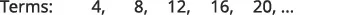 The image displays the first five terms of an arithmetic sequence: 4, 8, 12, 16, 20, followed by an ellipsis, indicating the sequence continues. The common difference is 4.