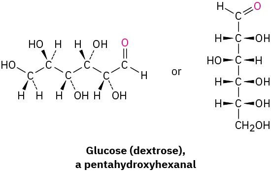 Two representations of the structures of glucose (dextrose) which is a pentahydroxyhexanal. The wedge-dash structure and Fischer projection of glucose.