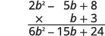 A vertical polynomial multiplication problem: (2b^2 - 5b + 8) times (b + 3). The first partial product, multiplying the top polynomial by 3, yields 6b^2 - 15b + 24, shown below the line.