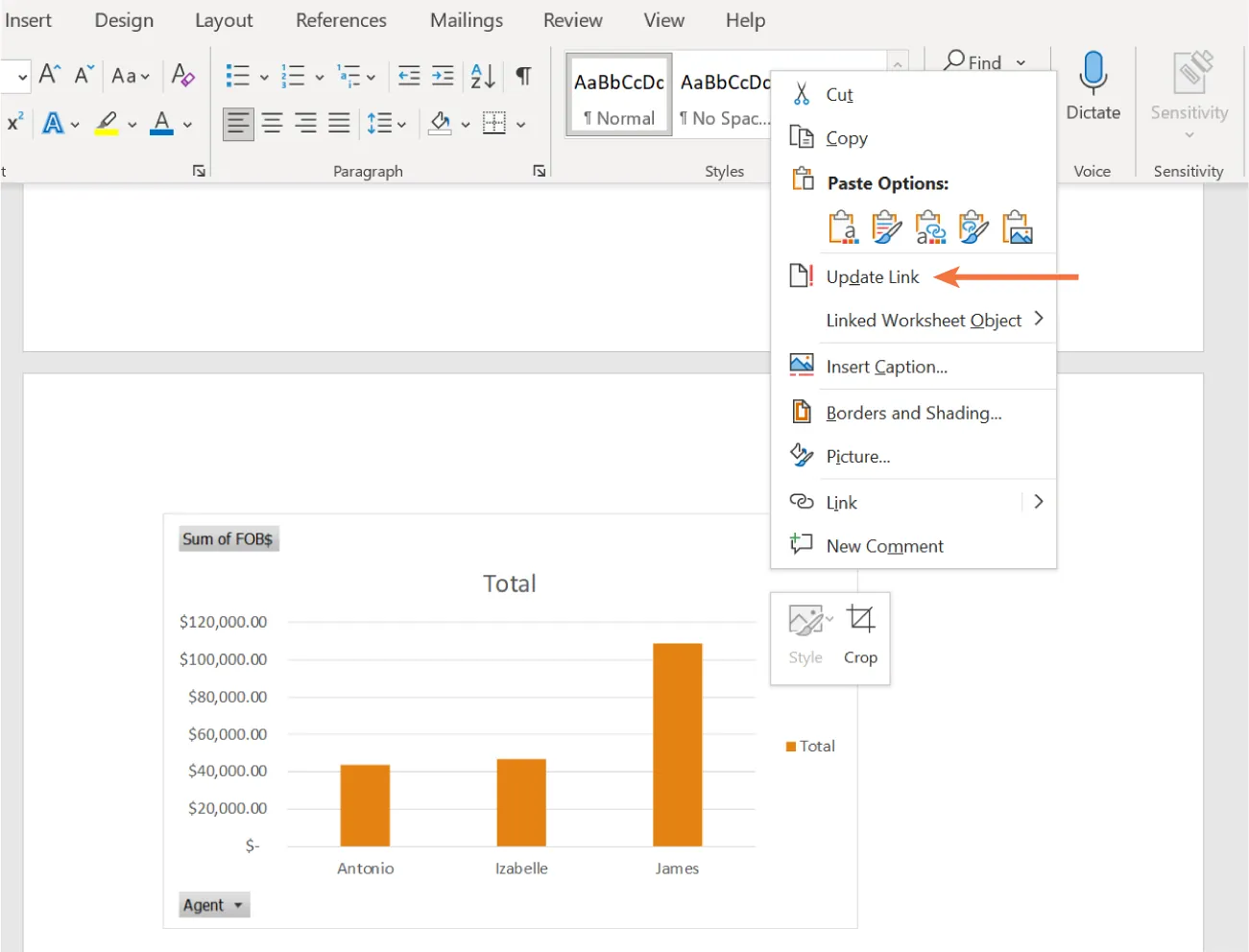 Open pane displays options for: Cut, Copy, Paste Options, Update Link (selected), Linked Worksheet Object, Insert Caption, Borders and Shading, Picture, Link, and New Comment.