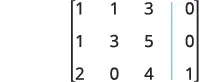 A 3x4 augmented matrix for a system of linear equations, featuring rows [1 1 3 | 0], [1 3 5 | 0], and [2 0 4 | 1].