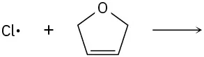 Chlorine radical reacts with a five-membered ring made of four carbon and one oxygen, with a double bond at C2 to form unknown product(s). 
