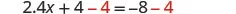 A mathematical equation shows 2.4x + 4 - 4 = -8 - 4, with the number 4 subtracted from both sides highlighted in red.
