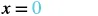 A mathematical equation displaying 'x = 0' with the number 0 highlighted in a light blue color, set against a plain white background.