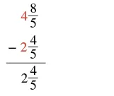 A math problem showing the subtraction of two mixed numbers. 4 and 8/5 minus 2 and 4/5 results in 2 and 4/5. The whole number components of the original mixed numbers, 4 and 2, are colored red.