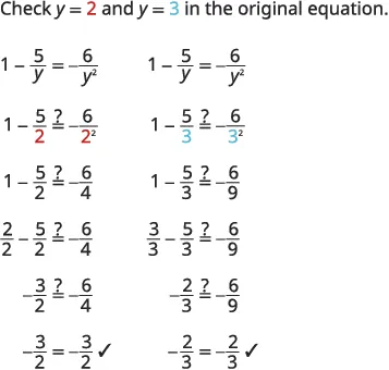Two columns demonstrate checking solutions y=2 and y=3 for the equation 1 - 5/y = 6/y^2, showing step-by-step calculations that confirm both values are correct.