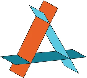 An abstract geometric image shows three rectangular planes intersecting in three-dimensional space, forming a shape resembling a triangular prism or a stylized letter 'A'. Two of the planes are colored teal/light blue, and one is orange, all meeting at a central point and extending outwards.