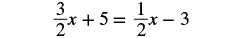 A mathematical equation is displayed: three-halves x plus five equals one-half x minus three.