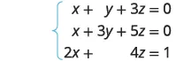 A system of three linear equations with variables x, y, and z. The equations are: x + y + 3z = 0, x + 3y + 5z = 0, and 2x + 4z = 1.