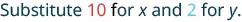 The image shows the text 'Substitute 10 for x and 2 for y.'