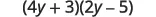 An algebraic expression showing the product of two binomials: (4y + 3) multiplied by (2y - 5).