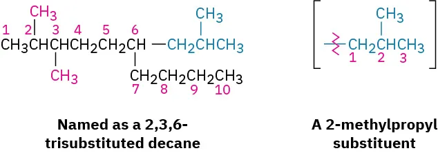The molecular structure of 2,3,6-trisubstituted decane. An inset in parenthesis is labeled, a 2-methylpropyl substituent.