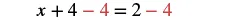 An algebraic equation is shown where 4 is subtracted from both sides, with the subtracted 4s highlighted in red. The equation is x + 4 - 4 = 2 - 4.