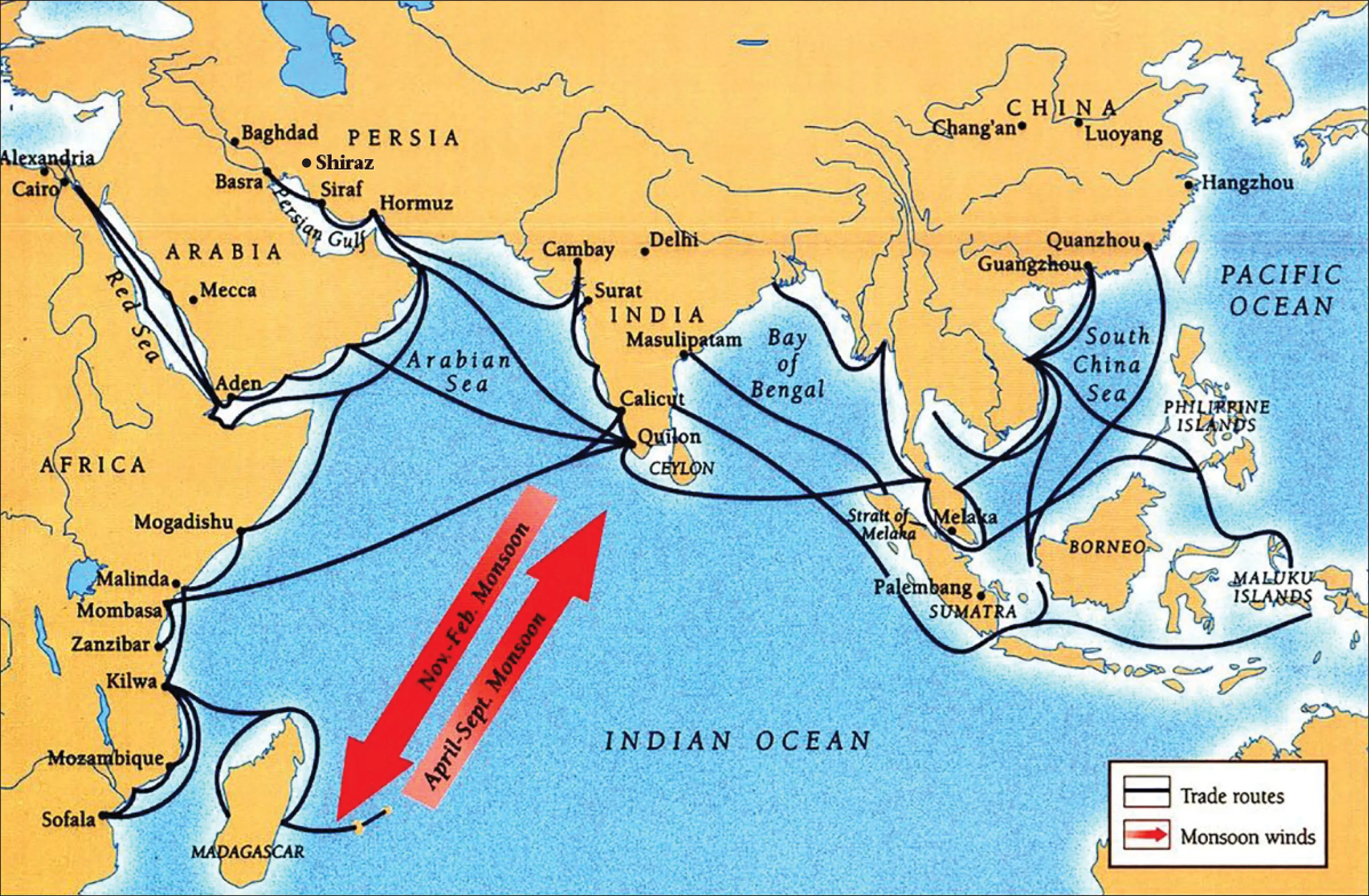 A map is shown with land in beige and water in blue. The continent of Africa is labelled in the west. Arabia is labelled northeast of Africa, then Persia, northeast of Arabia. India is labelled southeast of Persia and China is labelled in the northeast of the map. The island of Madagascar is labelled in the southwest of the map and Ceylon is labelled south of India. The Philippine Islands, Borneo, Sumatra, and the Maluku islands are labelled in the southeast of the map, south of China. The Indian Ocean is labelled in the south. The Arabian Sea is located between Arabia and India and the Bay of Bengal is on the east side of India. The South China Sea is labelled west of the Philippine Islands and the Pacific Ocean is labelled on the east side of the map. The Red Sea is labelled northeast of Africa and the Persian Gulf is northeast of Arabia. Black lines run throughout the map indicating “Trade routes.” The black lines begin on two tiny islands east of Madagascar and stop on the east, north, and west sides of Madagascar and then head to Africa’s coast, stopping at these cities: Sofala, Mozambique, Kilwa, Zanzibar, Mombasa, Malinda, Mogadishu and Alexandria and Cairo. In Arabia the route stops at Aden as well as other unlabeled spots on the southern coast of Arabia. In the Persian Gulf, the routes stop at Basra in Arabia and Siraf and Hormuz in Persia. The lines cross from Africa to India as well as from Arabia to India, with stops in Cambay, Surat, Calicut, and Quilon in India’s west coast. Routes from India’s east coast connect with the islands south of China as well as the lands across the Bay of Bengal.  Stops in these cities are shown: Melaka (by Sumatra), and Quanzhou and Guangzhou in China. Other stops include the islands of Maluku, the Philippine Islands, and Borneo. Two red arrows are shown indicating “Monsoon winds.” One arrow faces toward Madagascar from India and is labelled “Nov. – Feb. Monsoon” and the other is facing northeast toward India from southwest by Madagascar and is labelled “April-Sept. Monsoon” Other cities labelled include: Baghdad in Persia, Delhi in India, Chang’an, Luoyang, and Hangzhou in China and Palembang in Sumatra.