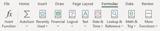 A screenshot of the main Excel menu with Formulas underlined in green. The Formulas submenu is open, showing additional functions.
