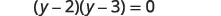 A mathematical equation is displayed on a white background: (y-2)(y-3)=0. This quadratic equation is in factored form, indicating its roots are y=2 and y=3.